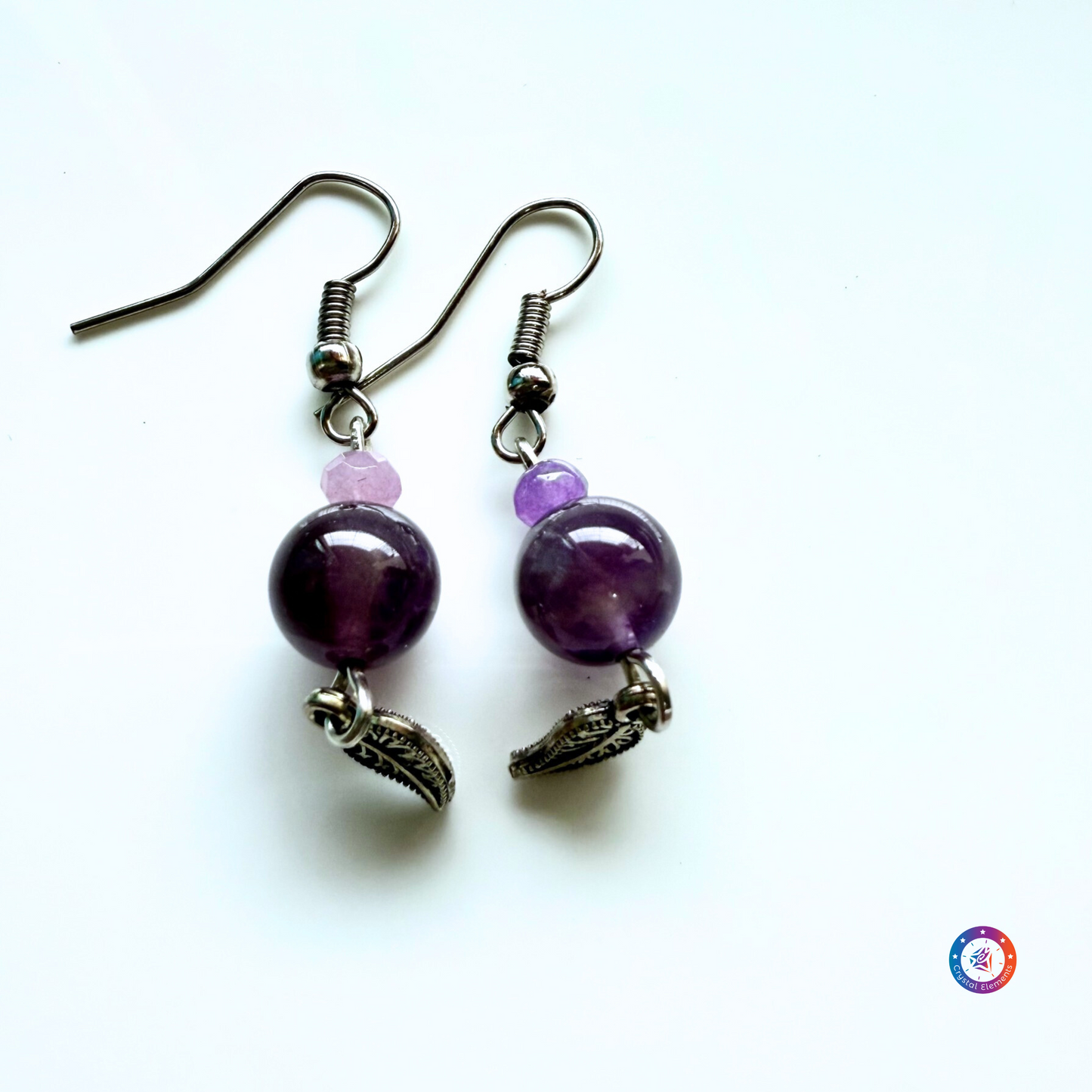 Spiritual Growth & Elegance Amethyst and Purple Onyx Earrings with Leaf Charm