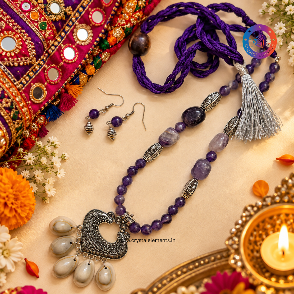 Amethyst Heart Cowrie Necklace & Earrings Set - Festive Love & Spiritual Elegance Set