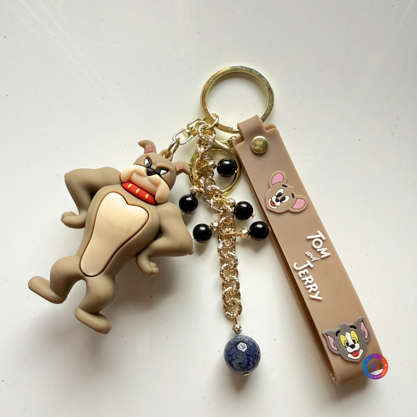 Strength & Protection Black Onyx & Blue Dragon Vein Agate Keychain with Bulldog Charm