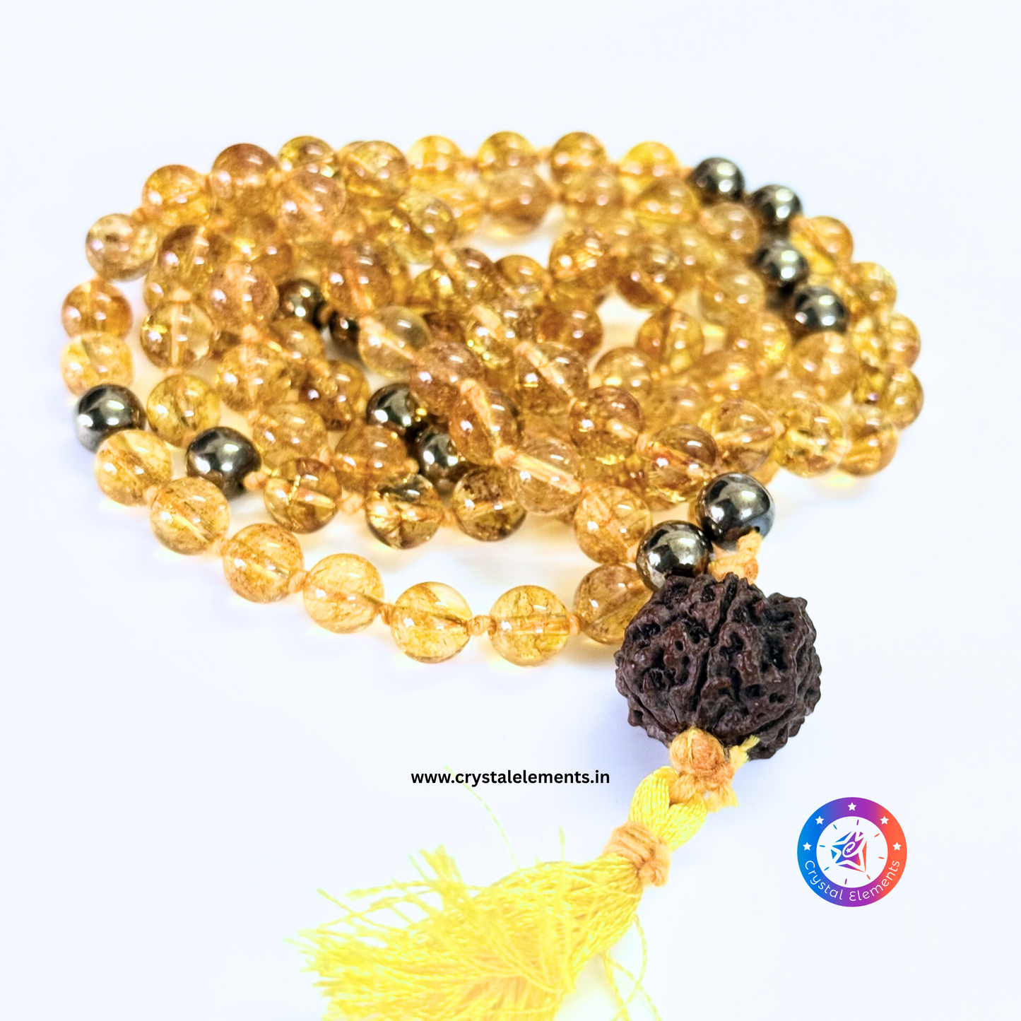 Citrine–Pyrite Japa Mala with Punch Mukhi Rudraksha - Manifestation & Spiritual Power