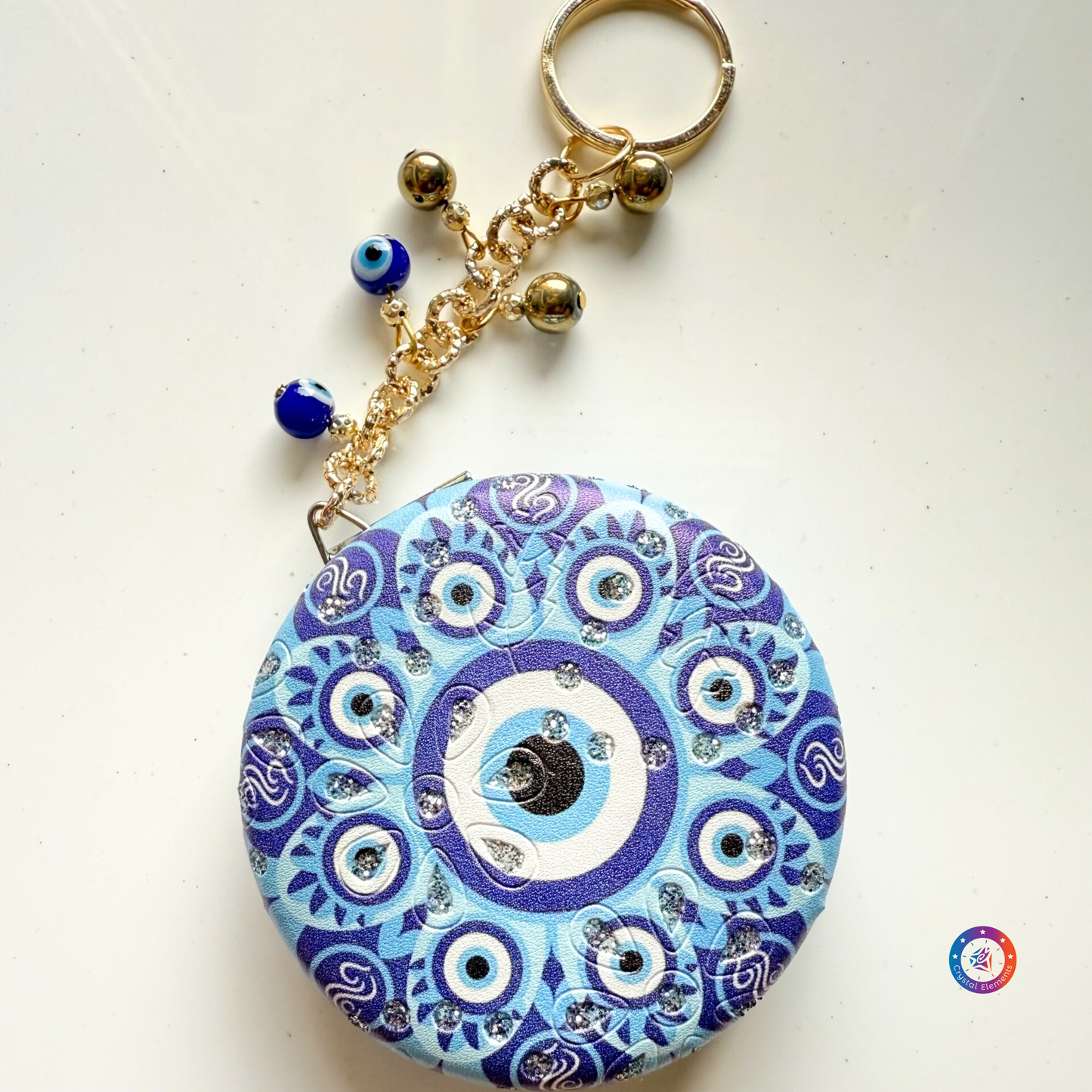 Wealth & Protection Pyrite & Evil Eye Keychain with Pocket Mirror
