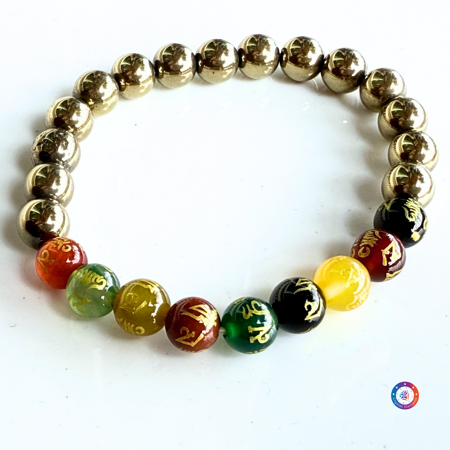 Wealth & Spiritual Protection Pyrite and Om Mani Padme Hum Engraved Onyx Bracelet