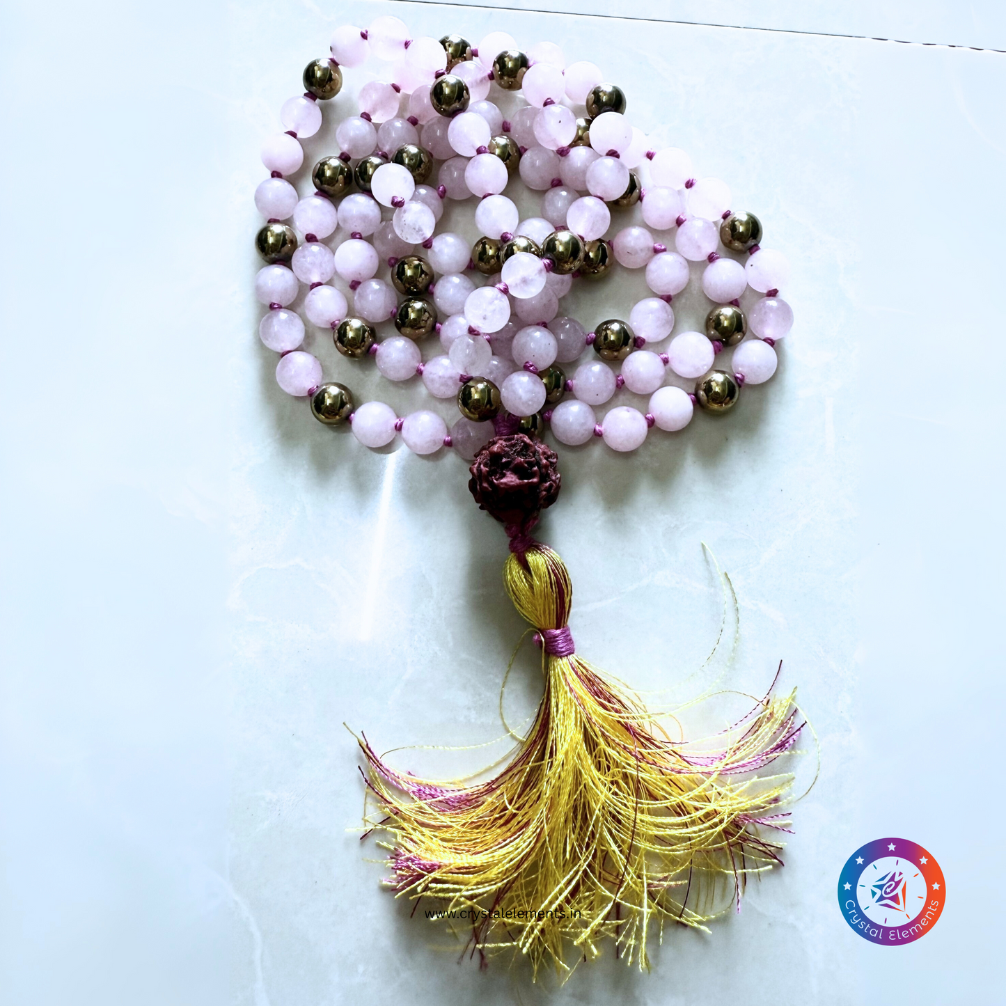 Heart Power & Prosperity Rose Quartz & Pyrite Japa Mala with Rudraksha