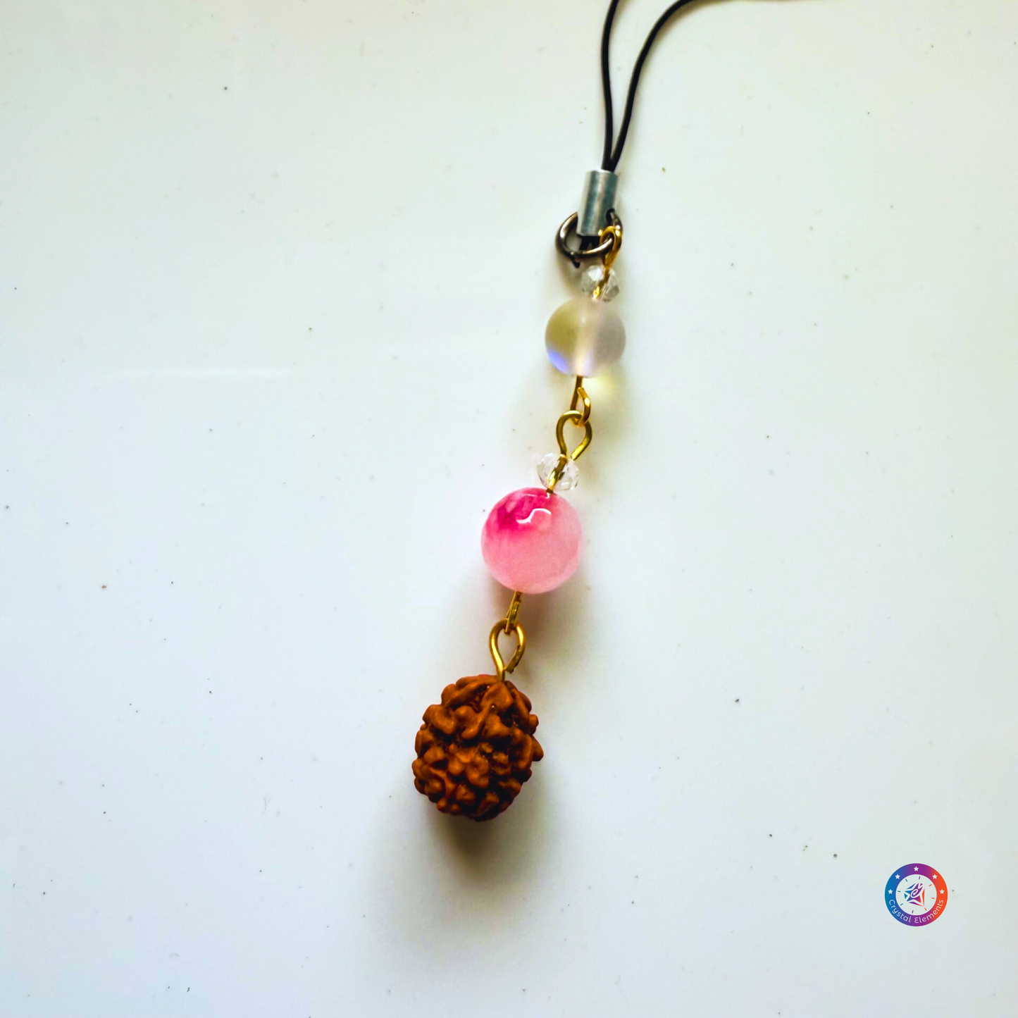 Divine Protection & Positivity Punch Mukhi Rudraksha, Pink Agate & Aura Quartz Mobile/Bag Charm