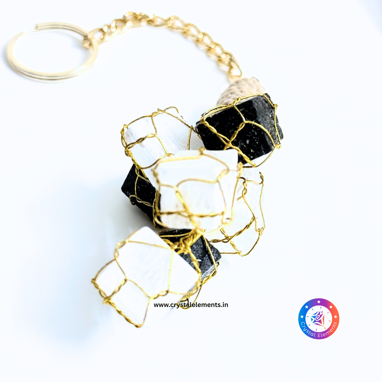 Selenite & Black Tourmaline Keychain - Protect & Purify