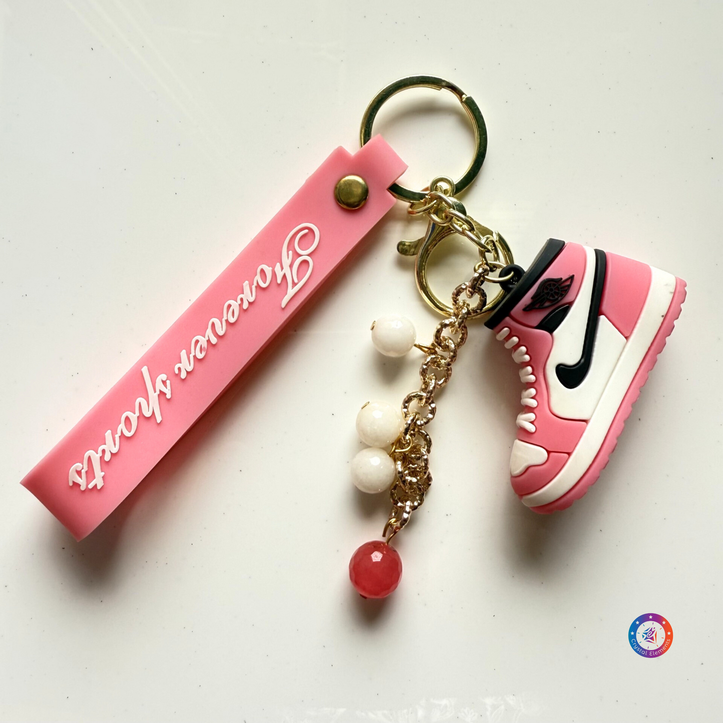 Balance & Motivation Snow Quartz & Strawberry Quartz Keychain with Sports Shoe Charm
