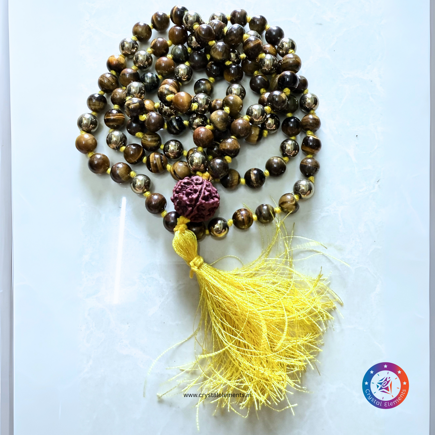 Abundance & Spiritual Strength Tiger Eye + Pyrite Japa Mala with Rudraksha