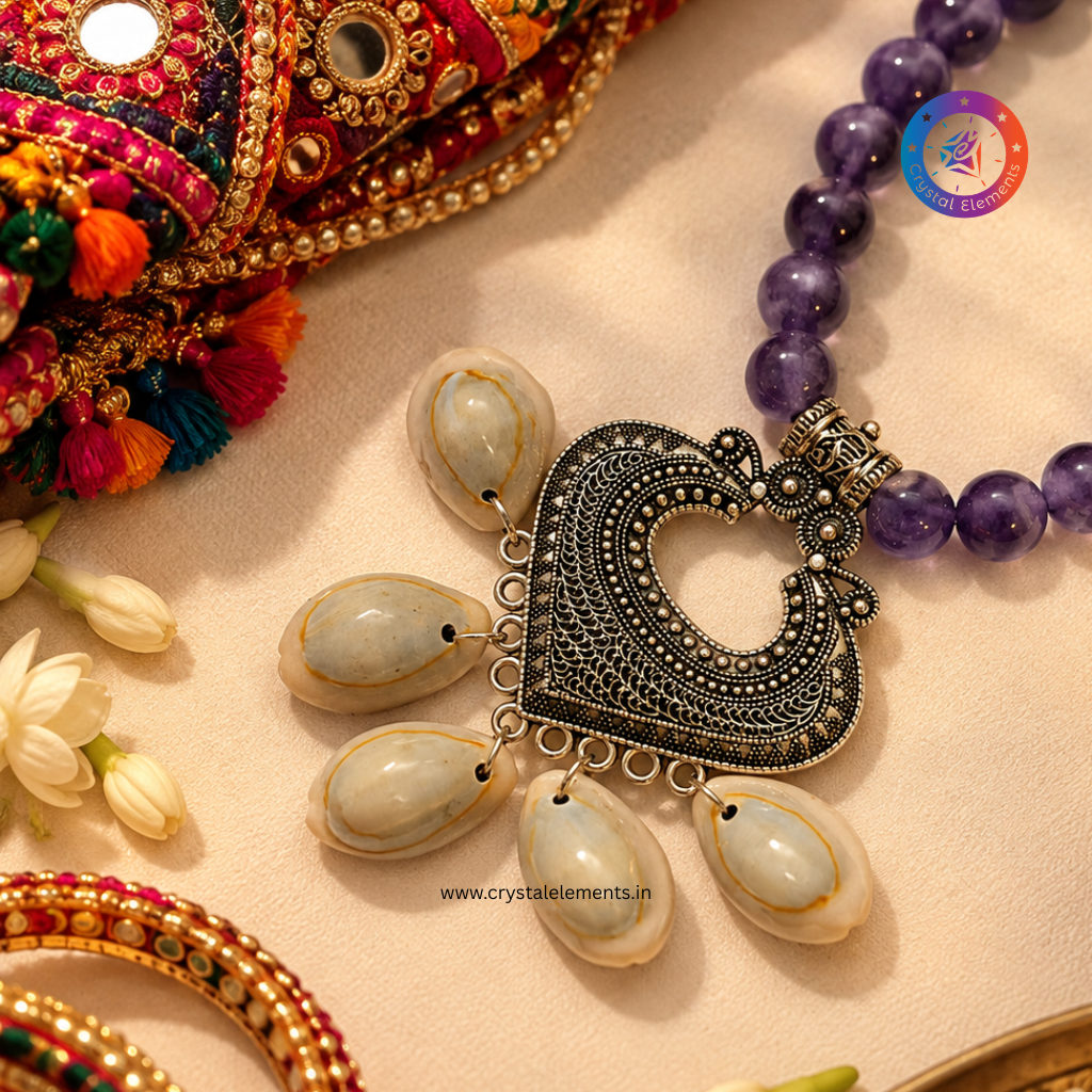 Amethyst Heart Cowrie Necklace & Earrings Set - Festive Love & Spiritual Elegance Set