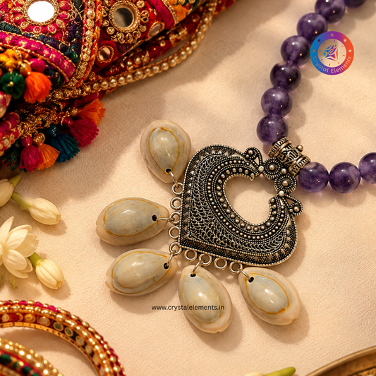 Amethyst Heart Cowrie Necklace & Earrings Set - Festive Love & Spiritual Elegance Set