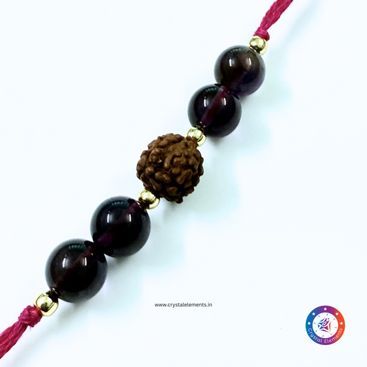 Sacred Calm & Spiritual Strength Amethyst + Panch Mukhi Rudraksha Rakhi