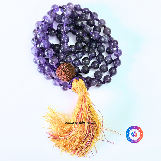 Amethyst Japa Mala with Punch Mukhi Rudraksha - Divine Calm & Spiritual Clarity
