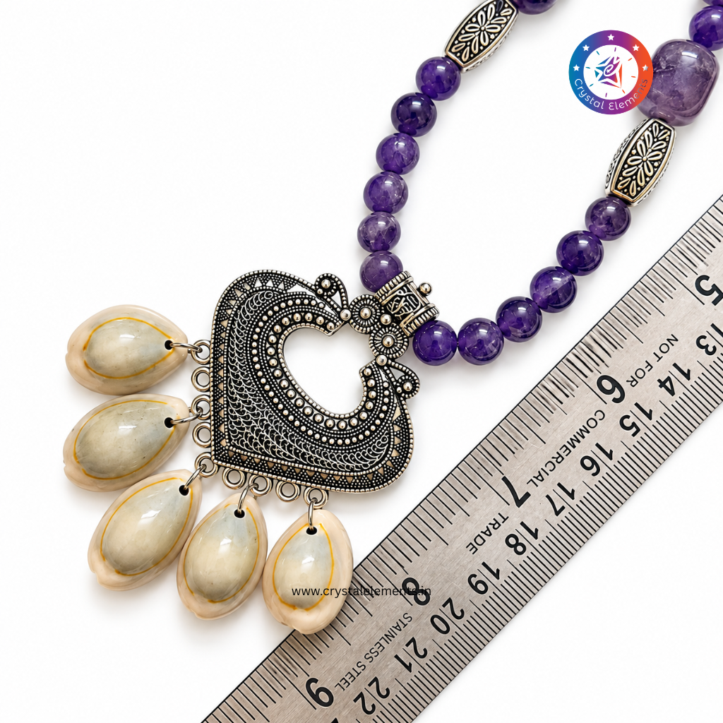 Amethyst Heart Cowrie Necklace & Earrings Set - Festive Love & Spiritual Elegance Set