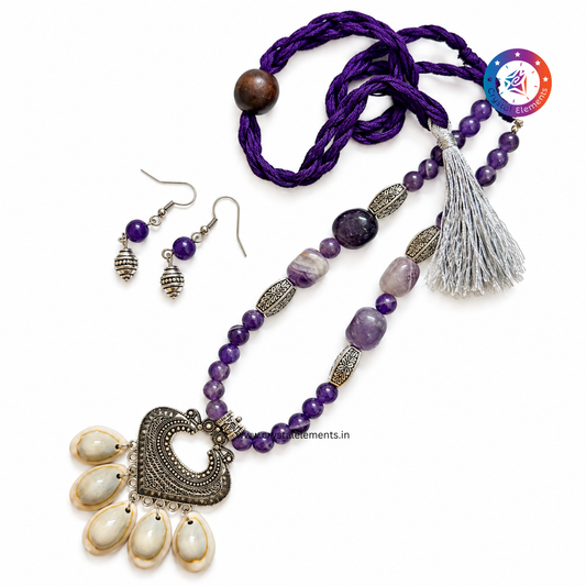 Amethyst Heart Cowrie Necklace & Earrings Set - Festive Love & Spiritual Elegance Set