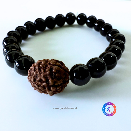 Black Tourmaline with Punch Mukhi Rudraksha Bracelet - Protection & Spiritual Strength
