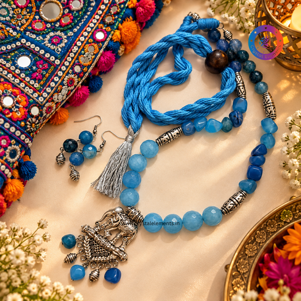 Blue Onyx Blue Agate Necklace Set - Calm & Traditional Statement Jewelry Set