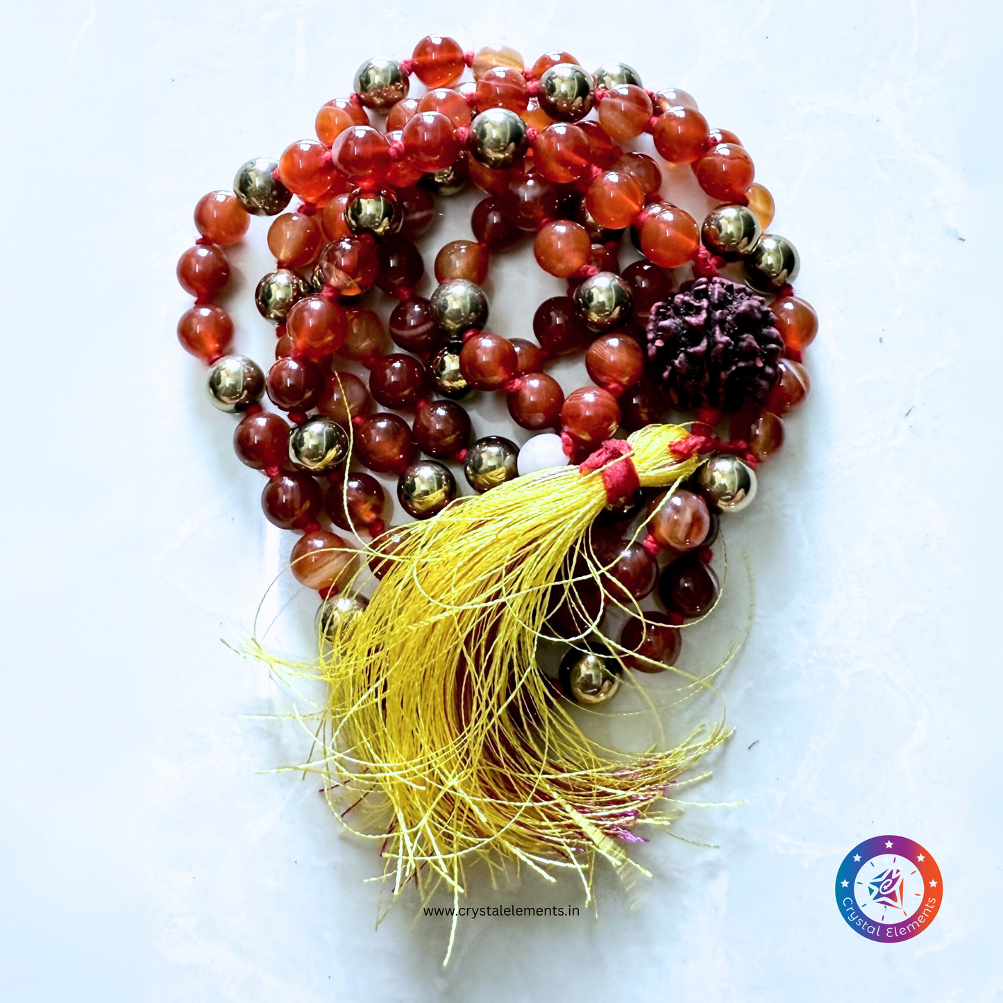 Action & Abundance Carnelian + Pyrite Japa Mala with Rudraksha