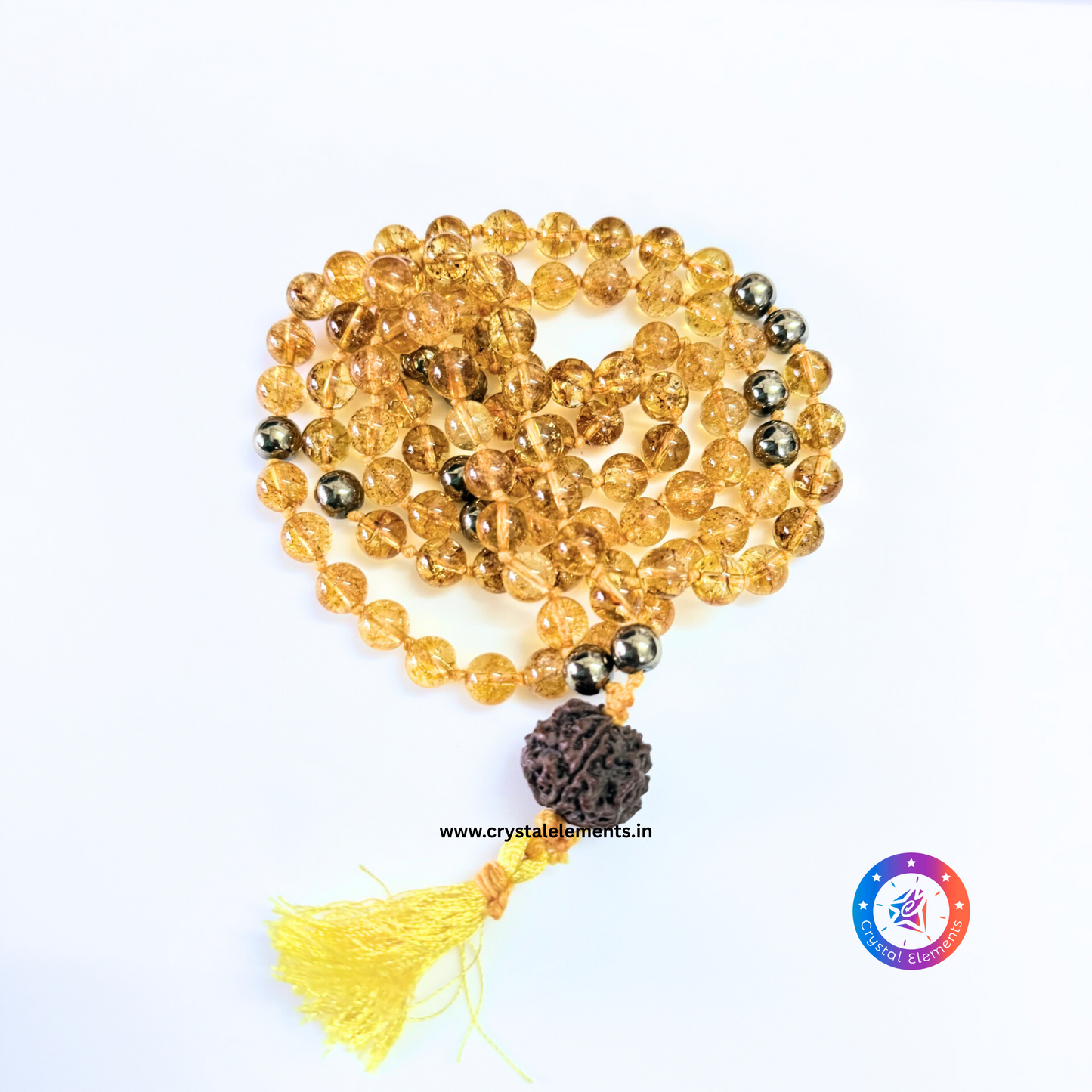 Citrine–Pyrite Japa Mala with Punch Mukhi Rudraksha - Manifestation & Spiritual Power