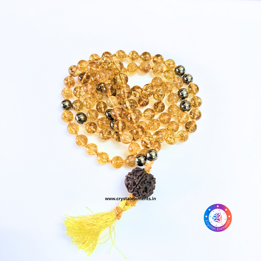 Citrine–Pyrite Japa Mala with Punch Mukhi Rudraksha - Manifestation & Spiritual Power