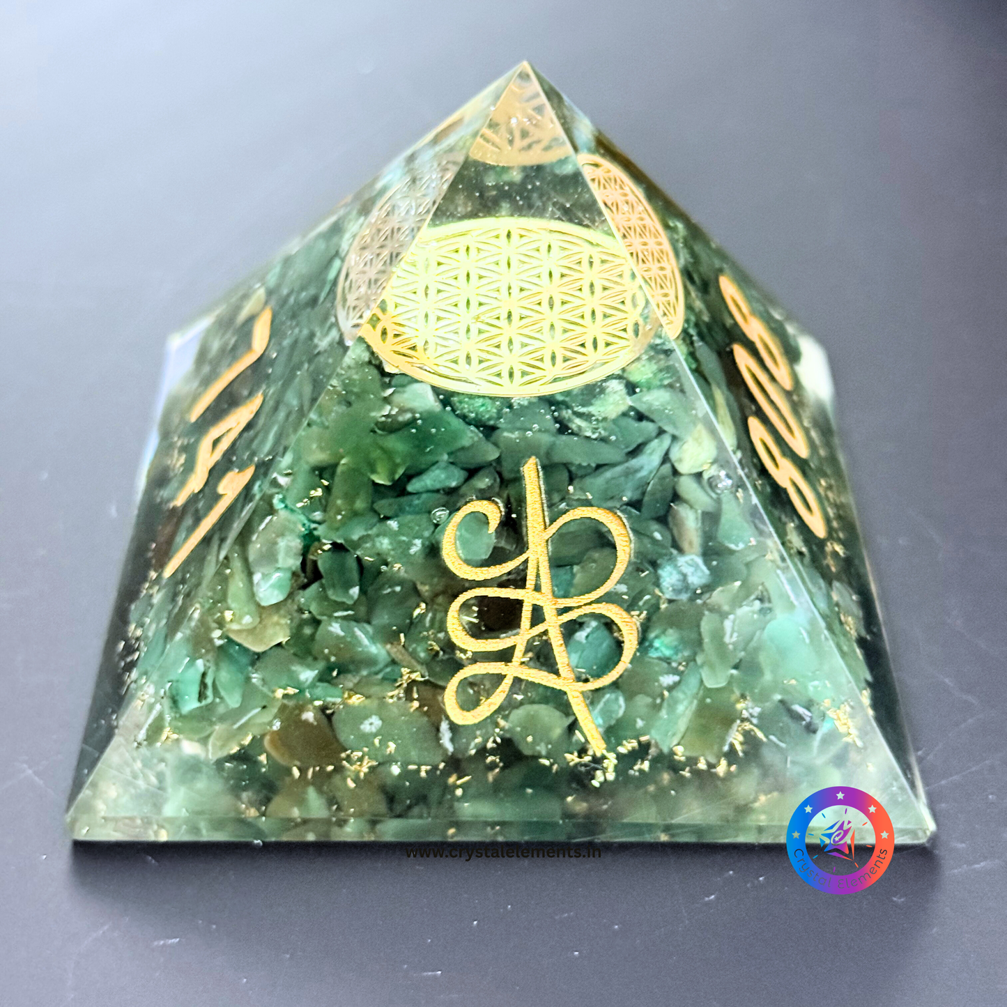 Green Aventurine Orgonite Pyramid with Flower of Life & Abundance Symbols
