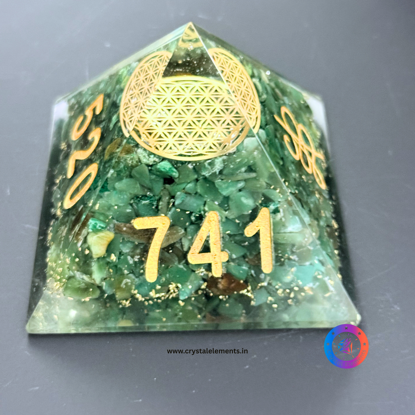 Green Aventurine Orgonite Pyramid with Flower of Life & Abundance Symbols