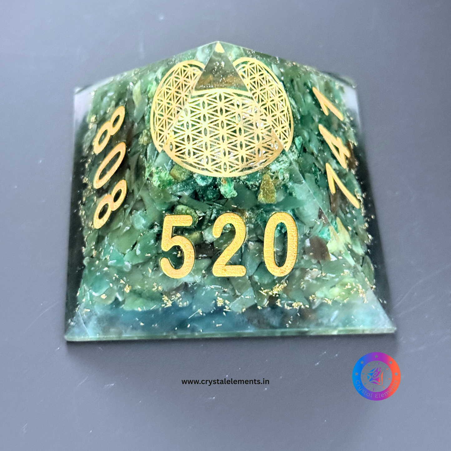 Green Aventurine Orgonite Pyramid with Flower of Life & Abundance Symbols