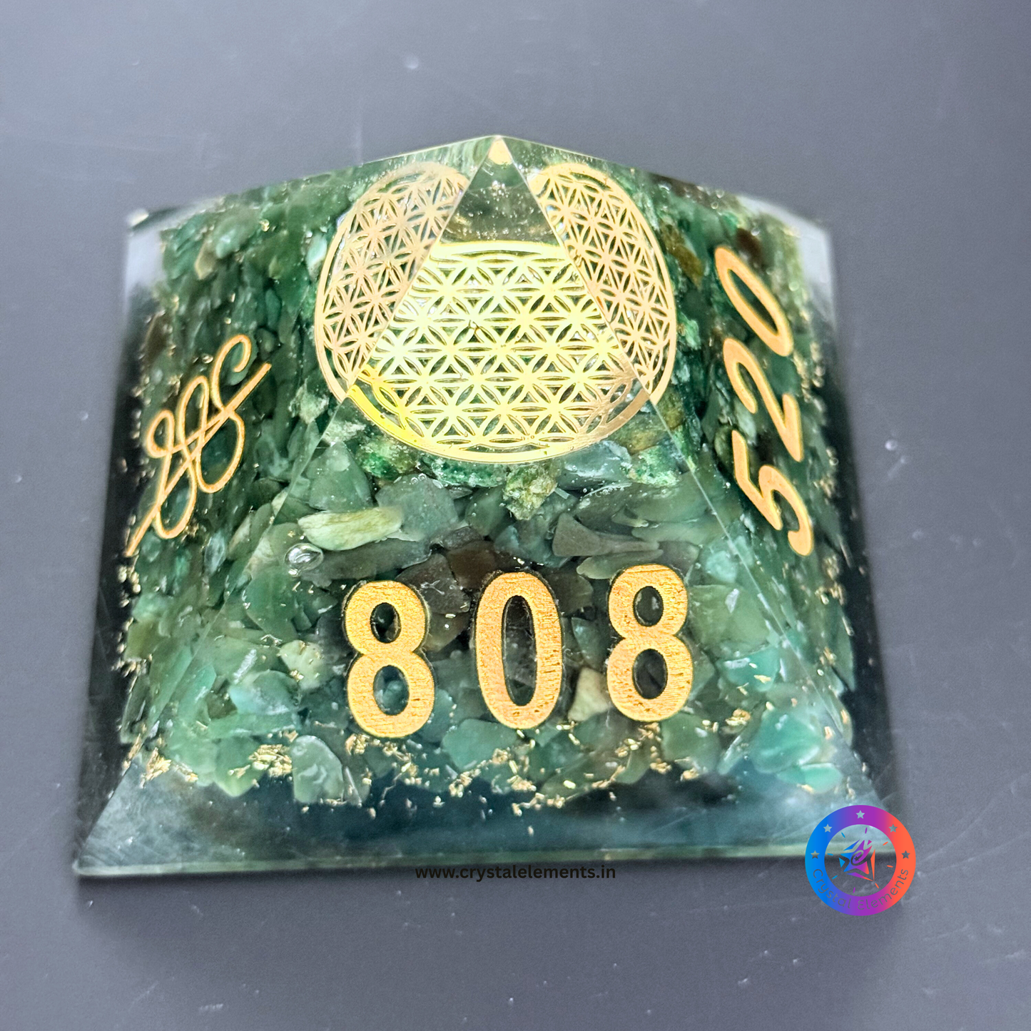 Green Aventurine Orgonite Pyramid with Flower of Life & Abundance Symbols