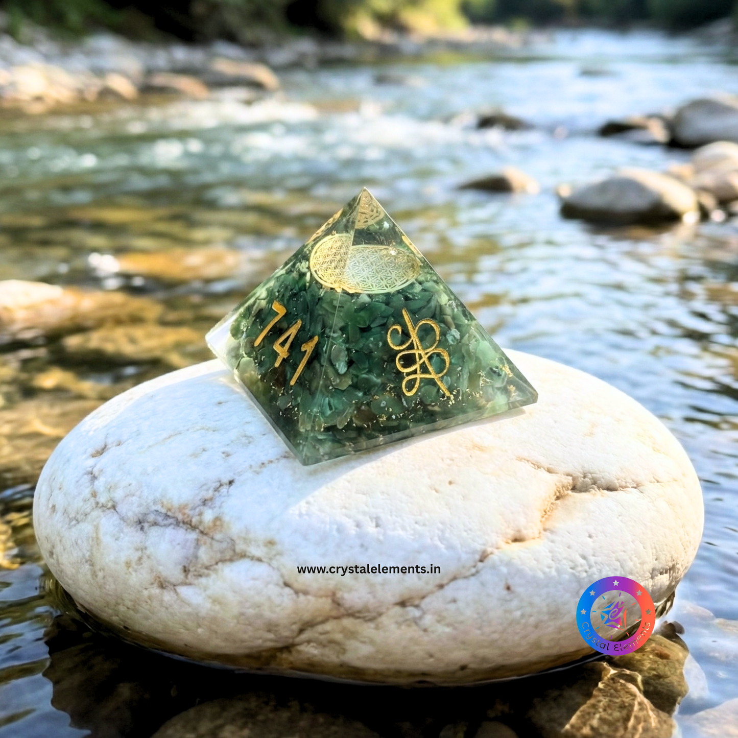 Green Aventurine Orgonite Pyramid with Flower of Life & Abundance Symbols