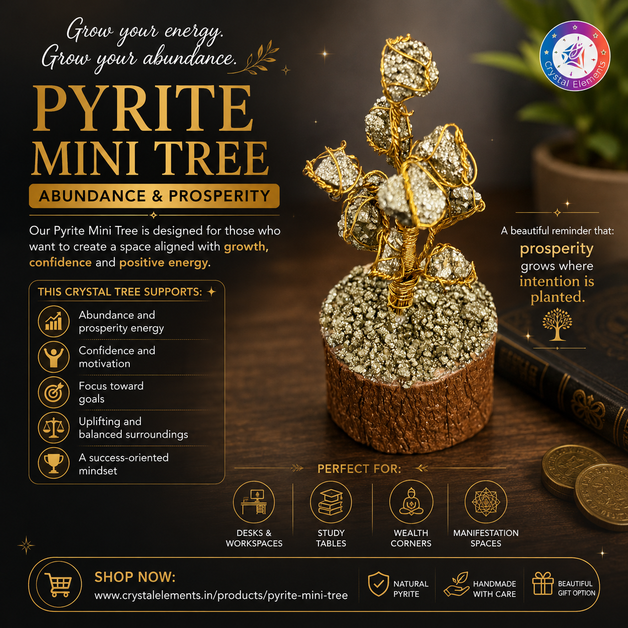 Raw Pyrite Mini Tree - Abundance & Confidence Crystal Tree