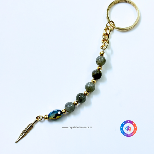 Labradorite Keychain with Leaf Charm - Mystic Shield & Intuitive Flow