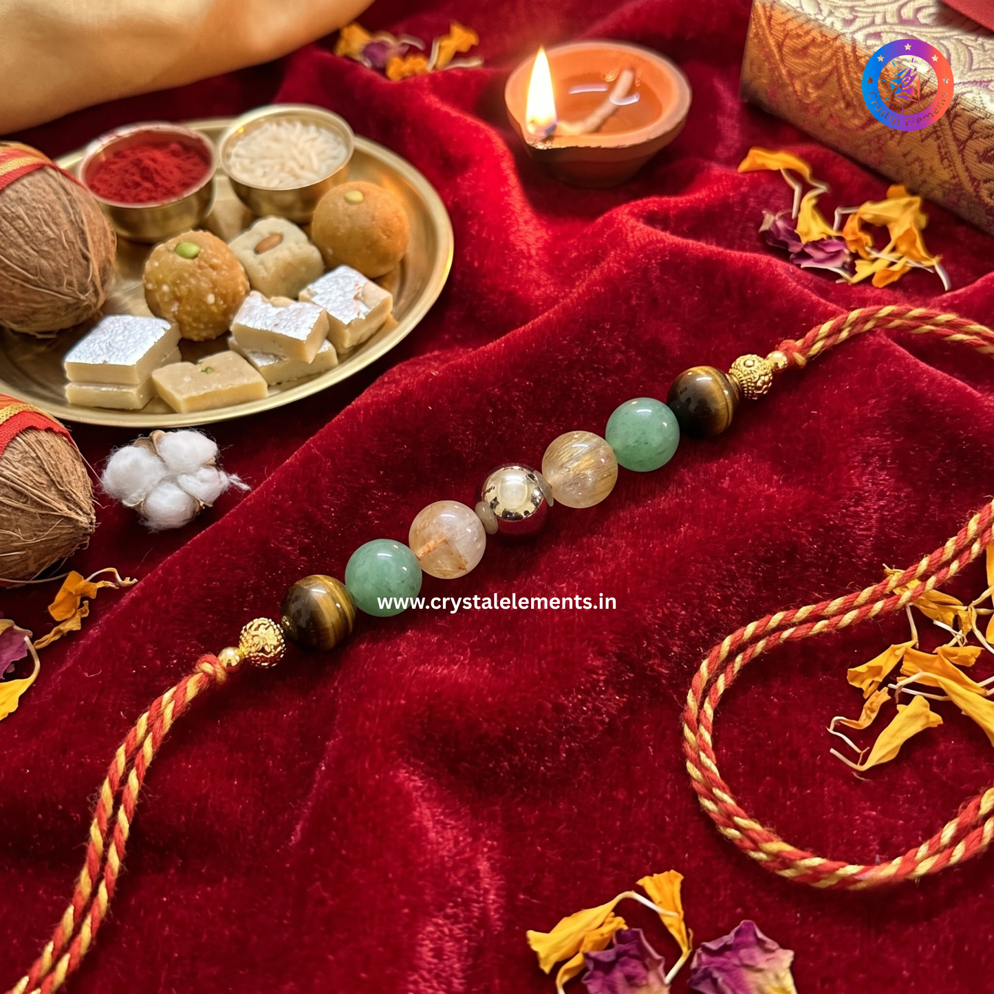 Tiger Eye, Citrine, Green Aventurine & Pyrite Om Rakhi - Wealth & Success Protection Rakhi