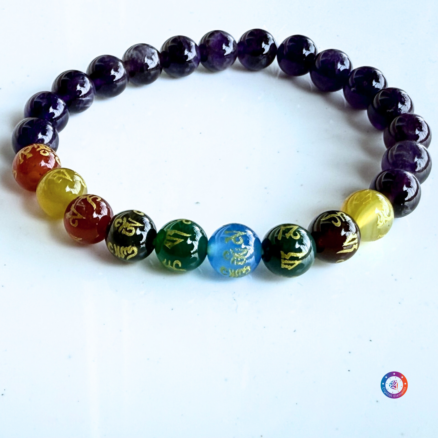 Spiritual Protection & Intuition Amethyst and Om Mani Padme Hum Engraved Onyx Bracelet