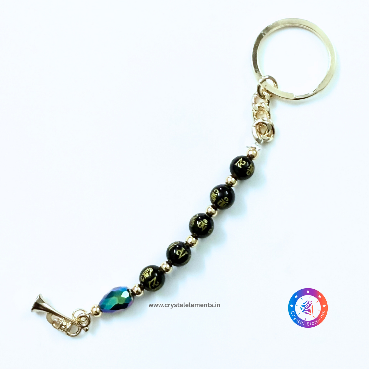 Om Mani Padme Hum Black Onyx Keychain with Trumpet Charm - Sacred Sound & Spiritual Focus