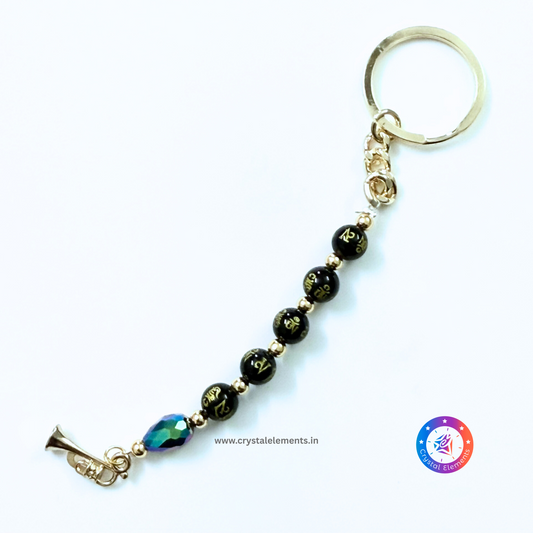 Om Mani Padme Hum Black Onyx Keychain with Trumpet Charm - Sacred Sound & Spiritual Focus