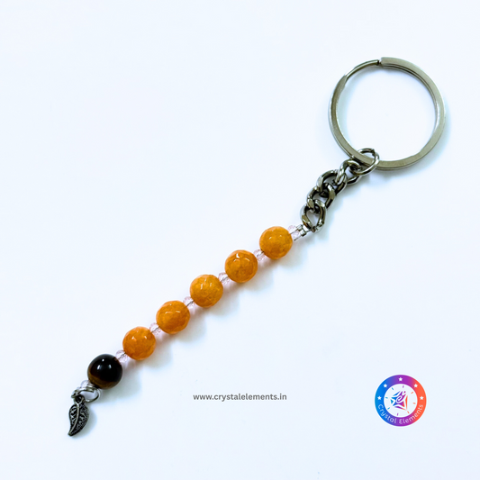 Orange Onyx–Tiger Eye Keychain with Leaf Charm - Confidence & Flow