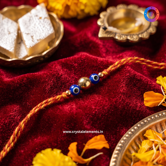 Golden Pyrite & Blue Evil Eye Rakhi - Prosperity & Protection Crystal Rakhi