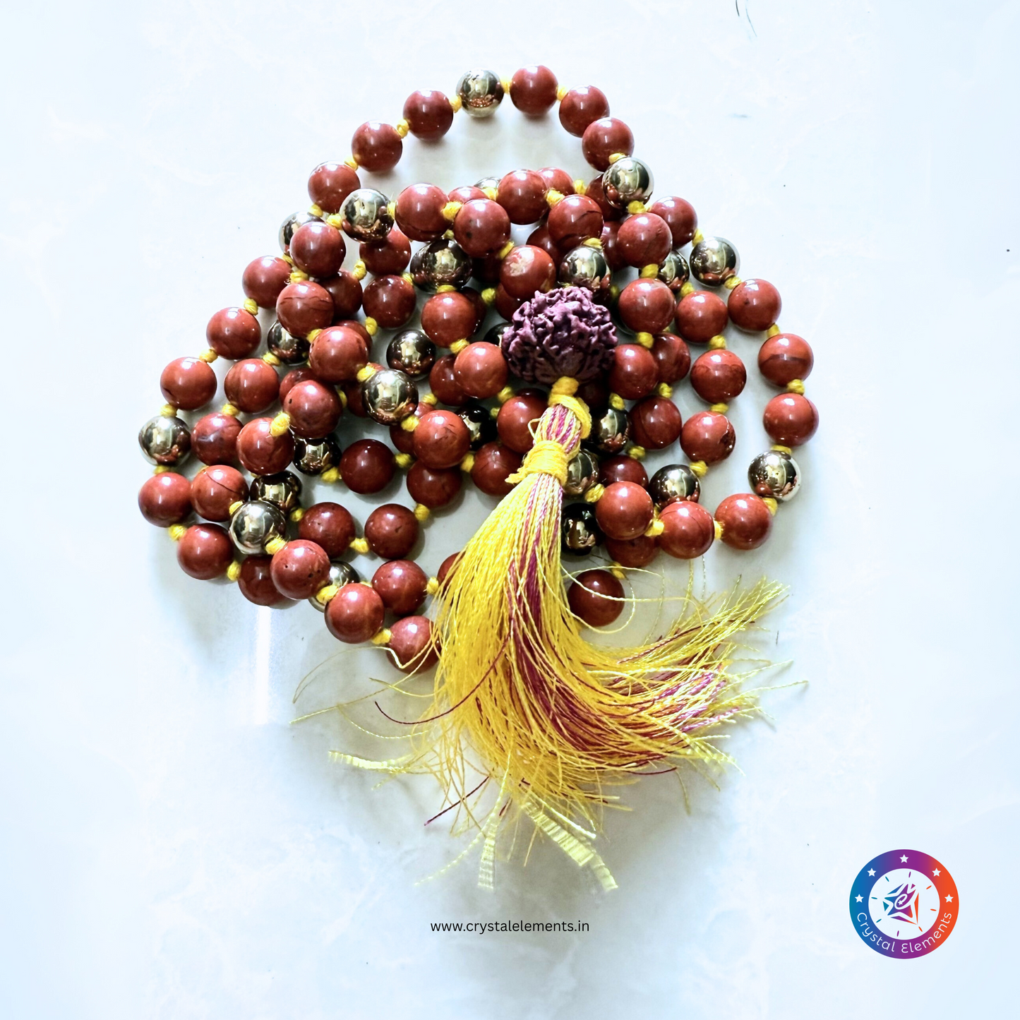 Stability & Sacred Power Red Jasper + Pyrite Japa Mala with Rudraksha