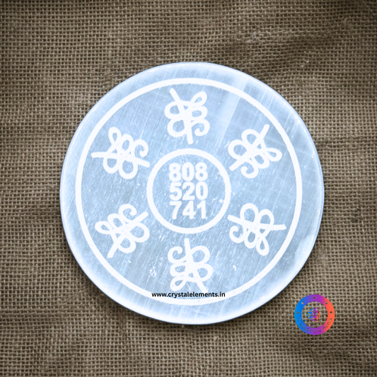 Selenite Coaster with Abundance Symbol & Grabovoi Code - Manifestation Light