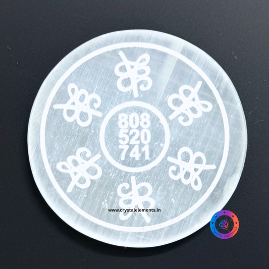 Selenite Coaster with Abundance Symbol & Grabovoi Code - Manifestation Light