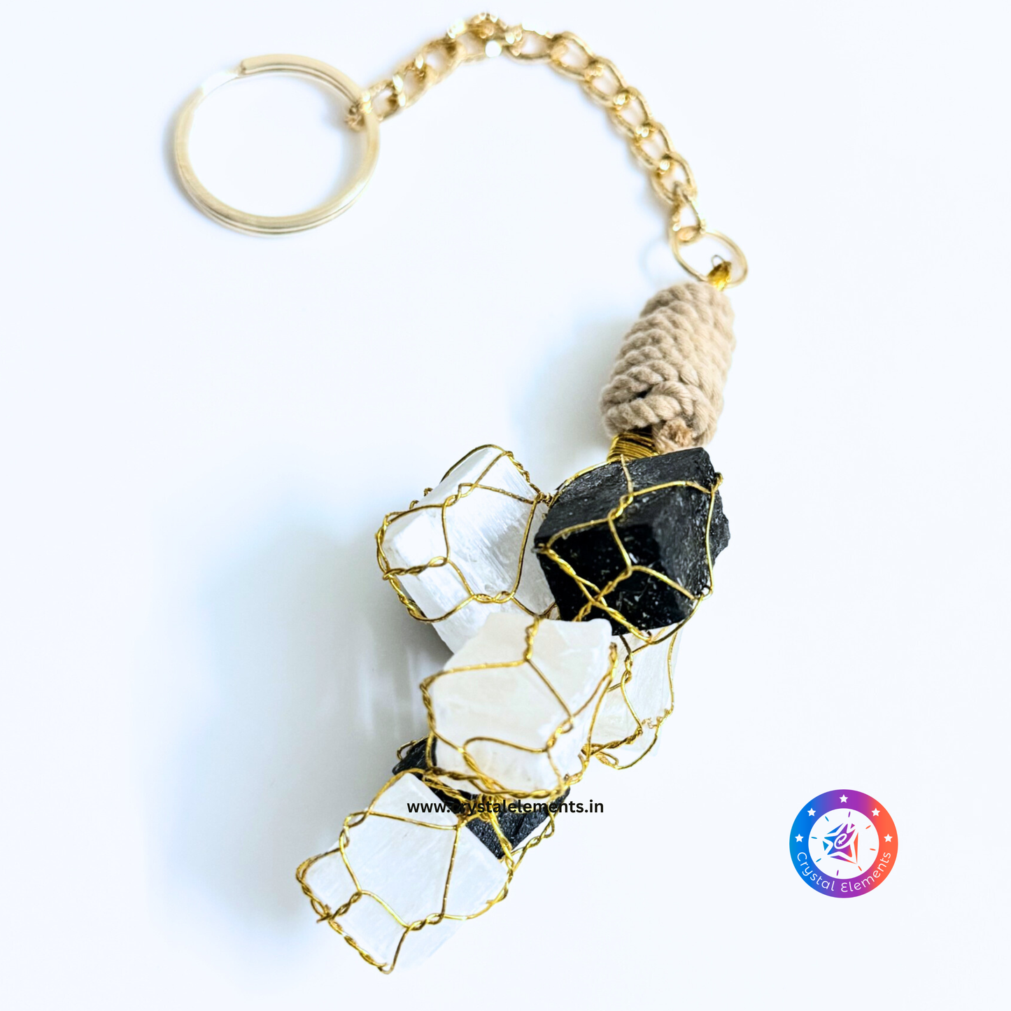 Selenite & Black Tourmaline Keychain - Protect & Purify