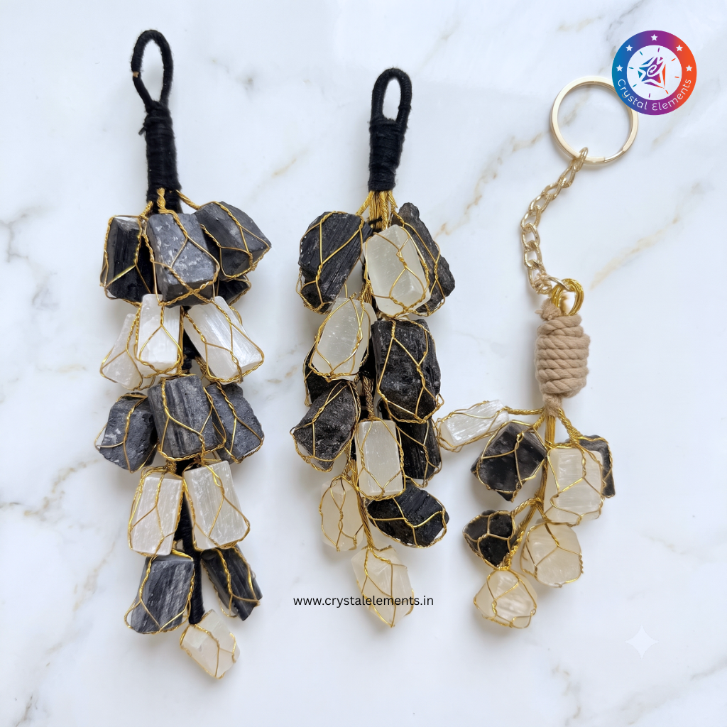 Selenite & Black Tourmaline Keychain - Protection & Cleansing