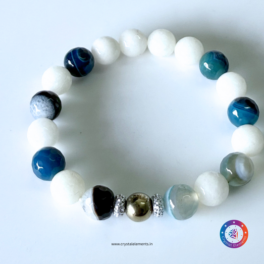 Serene Power & Inner Light Snow Quartz, Blue Agate and Pyrite Bracelet