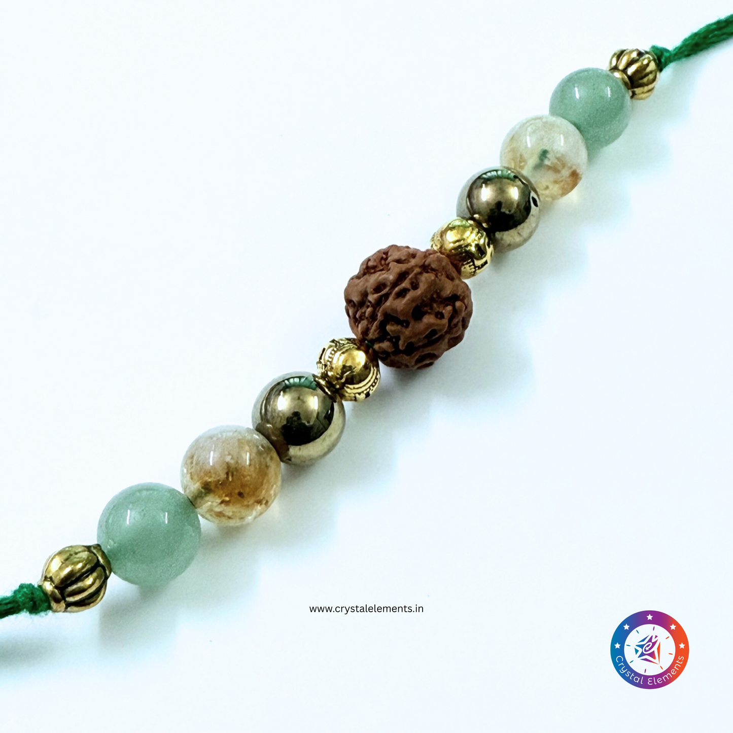 Prosperity & Divine Protection Citrine, Pyrite, Green Aventurine & Panch Mukhi Rudraksha Rakhi