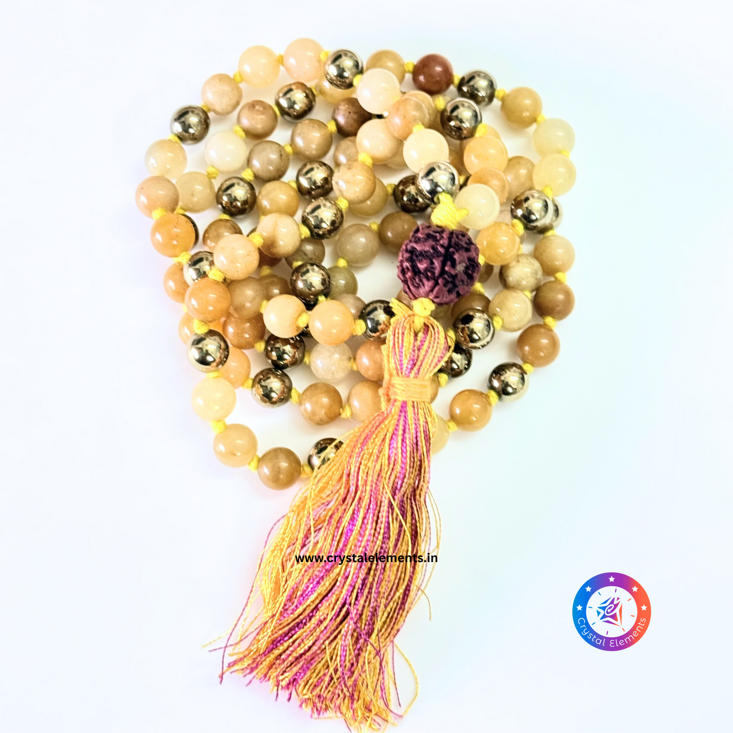 Yellow Aventurine, Pyrite & Punch Mukhi Rudraksha Japa Mala - Confidence & Manifestation