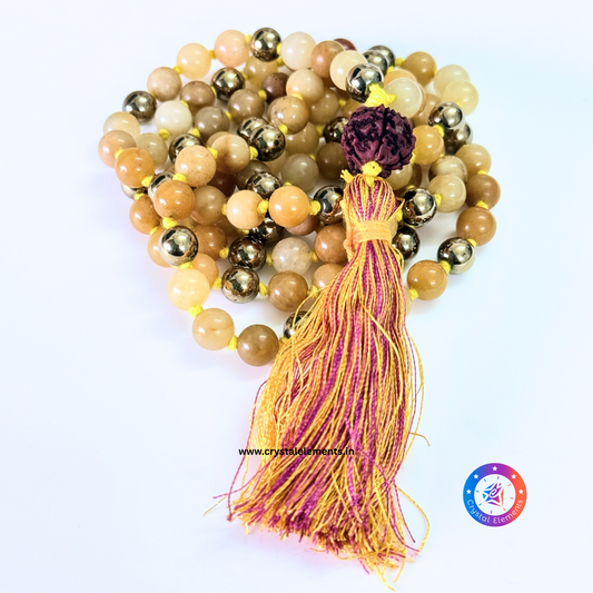 Yellow Aventurine, Pyrite & Punch Mukhi Rudraksha Japa Mala - Confidence & Manifestation